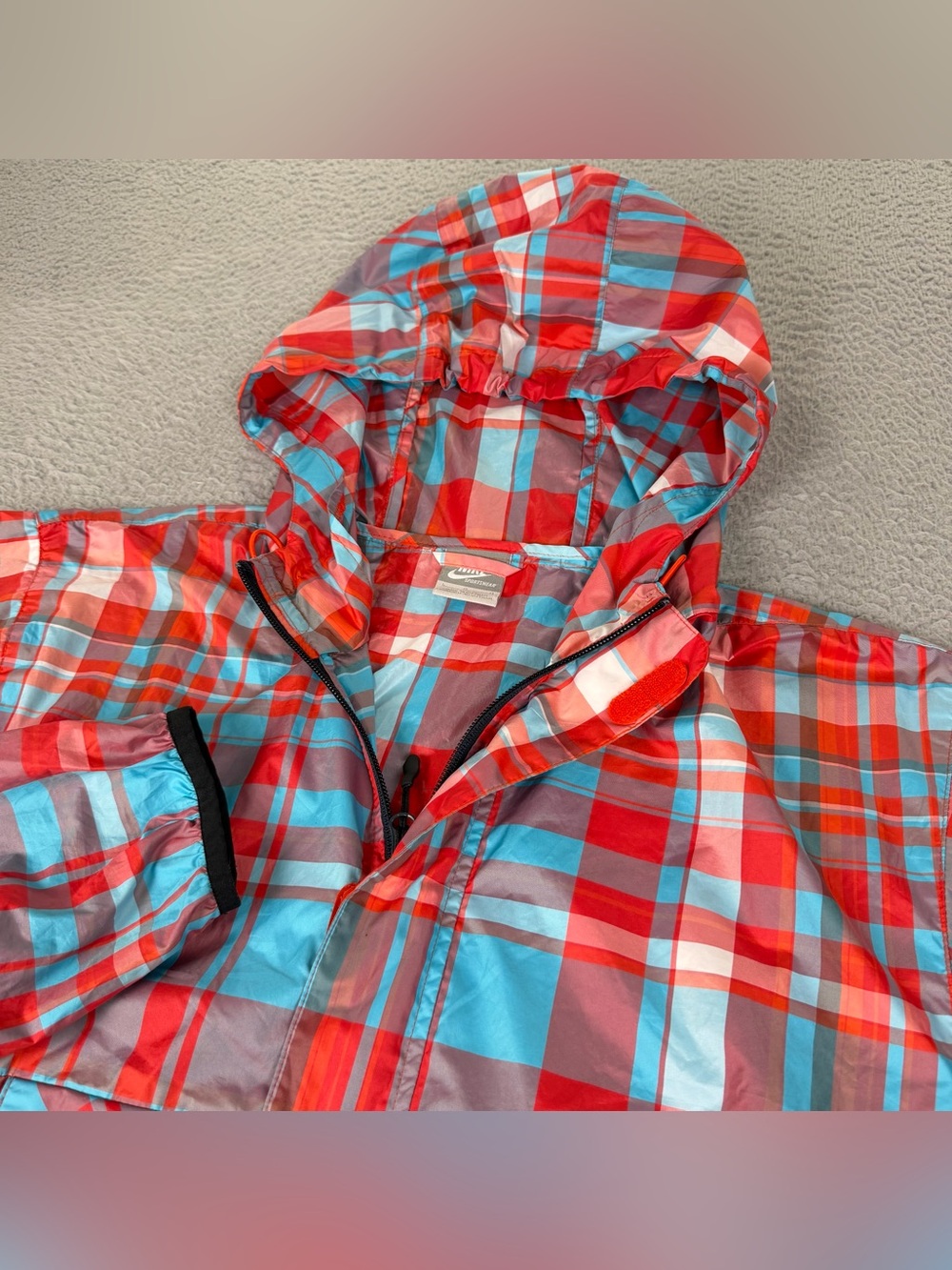 Nike Windbreaker Mens Large Blue Red Plaid Lightweight Pullover 1/2 Zip Active